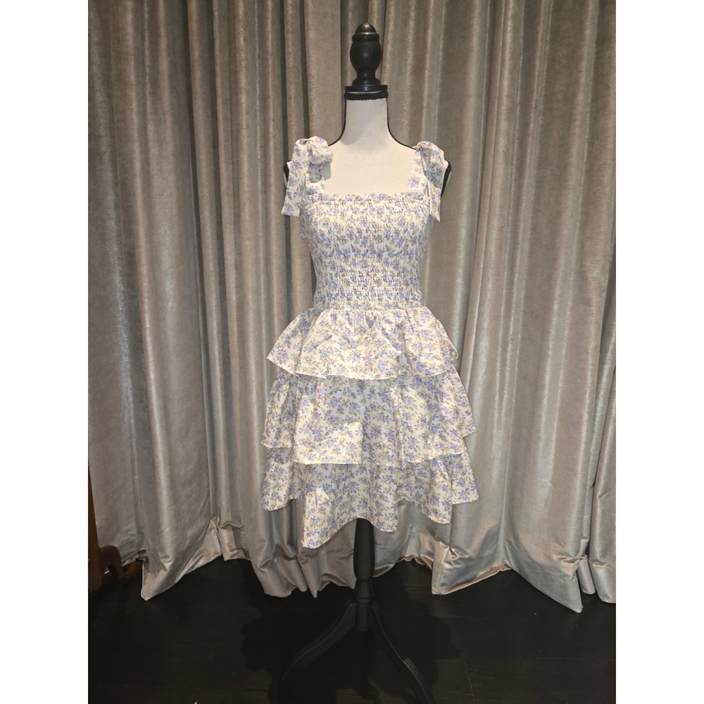 IECE Floral Smocked Tiered Mini Dress Purple Cream Tie Strap Womens Size M